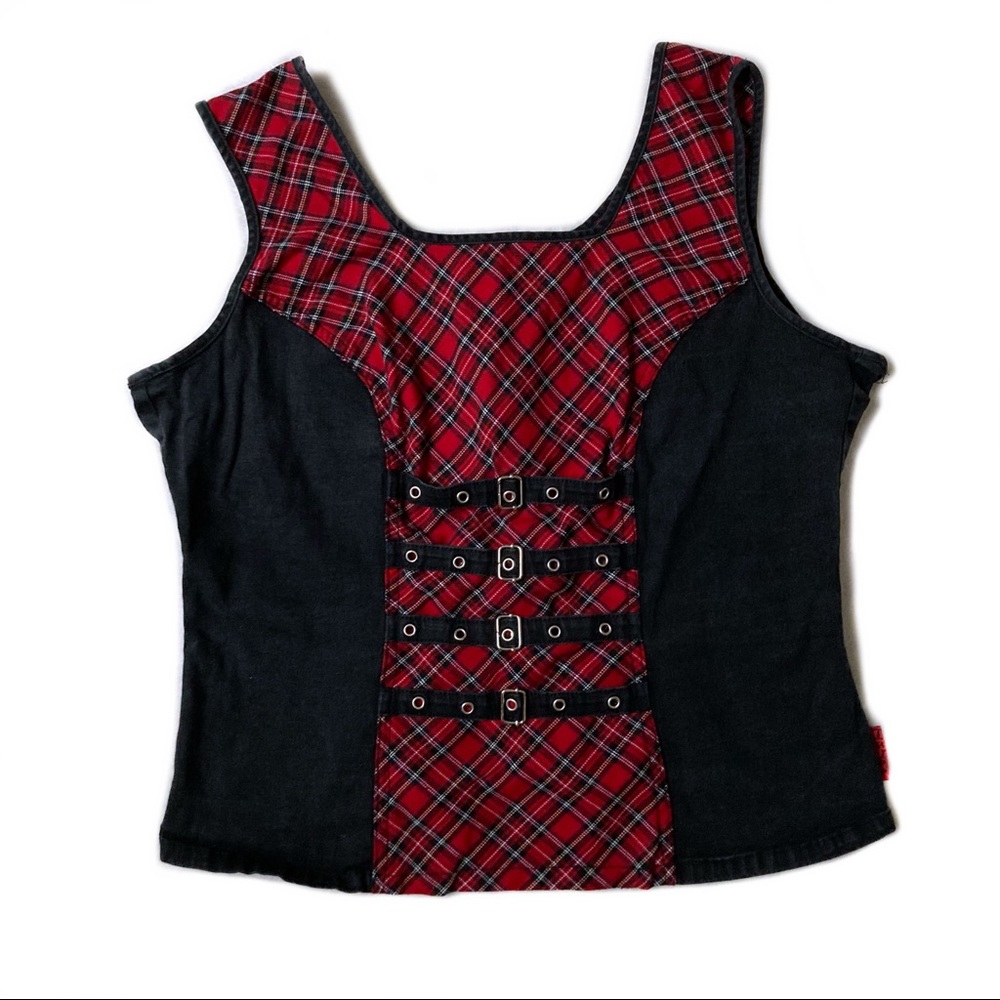 Tripp NYC Red Plaid Belted Stretch Corset Top